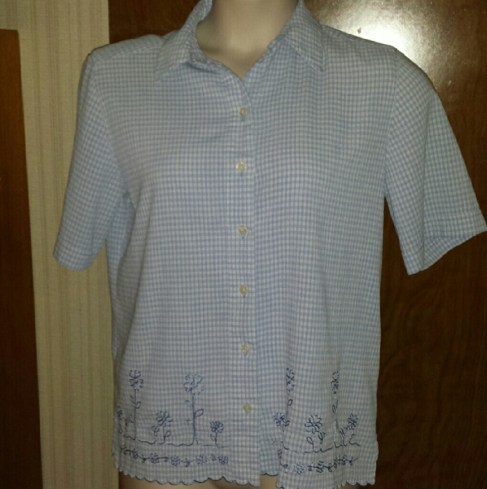 Darling blue and white button up gingham blouse with embroidery